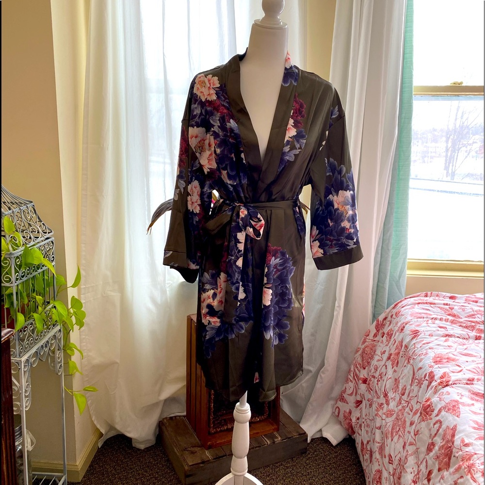 Olive Green Floral Satin Robe